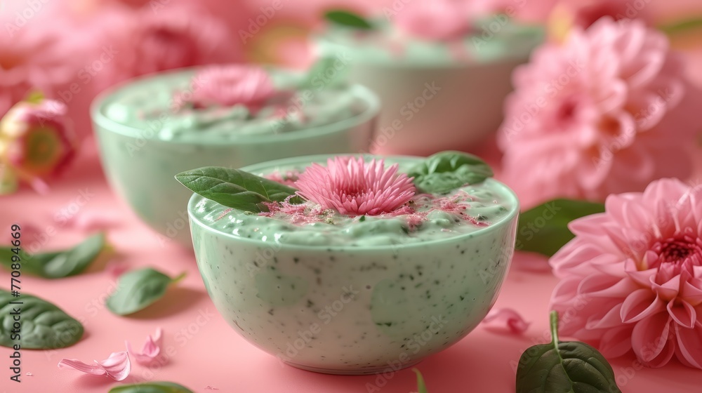 A tight shot of a bowl filled with food on a table, accompanied by pink flowers and their leaves A tight shot of a bowl filled with food on a table, accompanied by pink flowers and their leaves