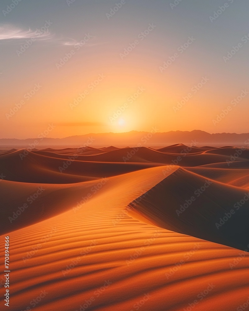 Desert dunes, heat shimmer, wide angle, golden light for a serene wallpaper , vibrant