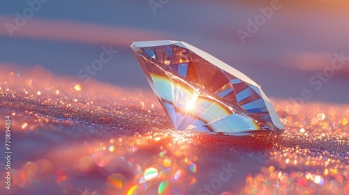  A diamond, closely framed, glints atop a polished surface Light emanates from its uppermost facet