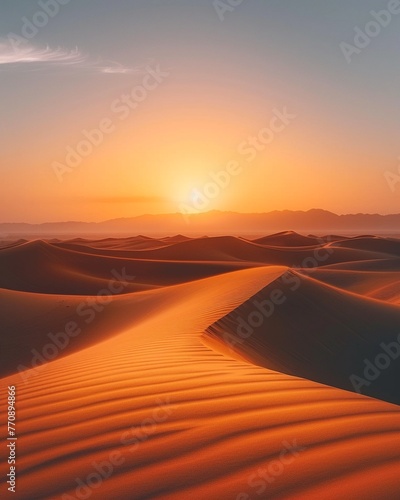 Desert dunes  heat shimmer  wide angle  golden light for a serene wallpaper   vibrant