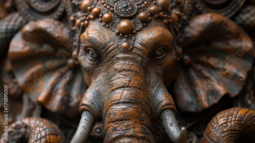  A close-up of an elephant's head with intricate carvings on its face and trunk