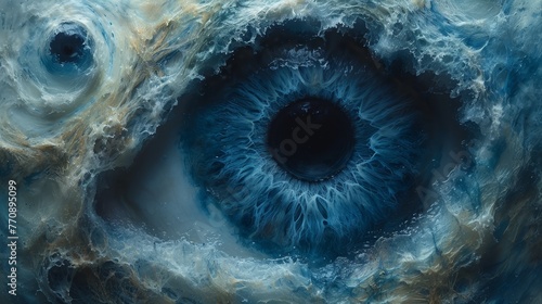  A blue eye, tightly focused, at the heart of a tranquil water body Black circle in its pupil photo