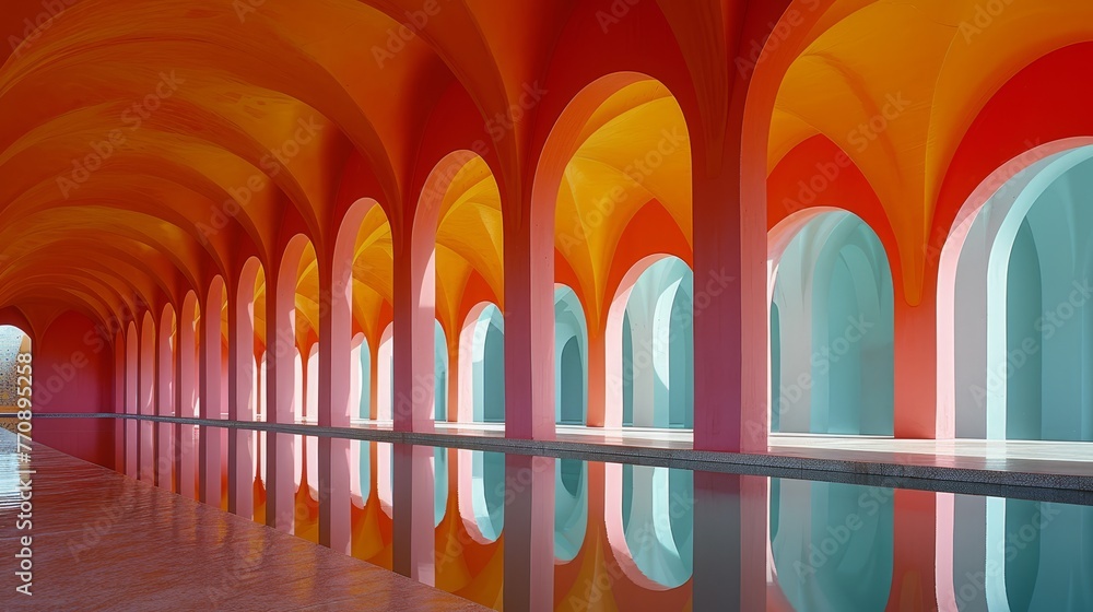 A red, orange, and blue-painted room features a long wall and a centrally positioned pool A red, orange, and blue-painted room features a long wall and a centrally positioned pool