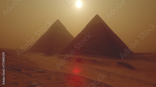   Three pyramids in the desert with a sun overhead  sand dunes in the foreground