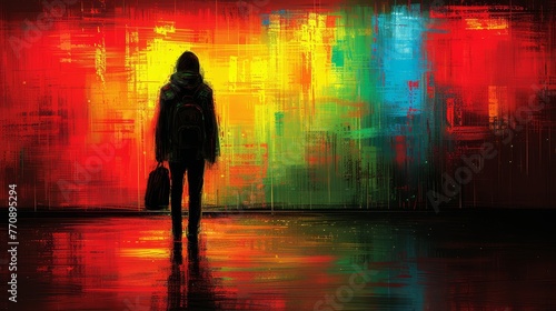  A person stands before a vibrant, multicolored wall, bearing a backpack on both back and shoulder