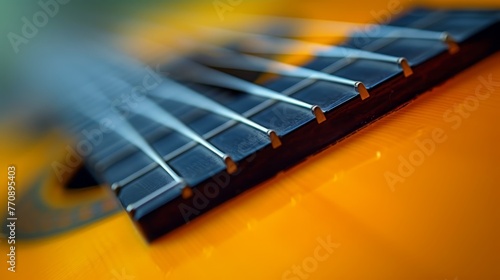   A tight shot of a guitar neck with indistinct fret lines and blurred frets