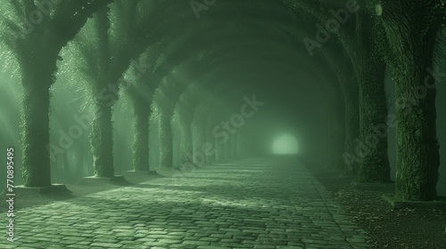   A tunnel of trees lines a cobblestone road, ending in a beacon of light
