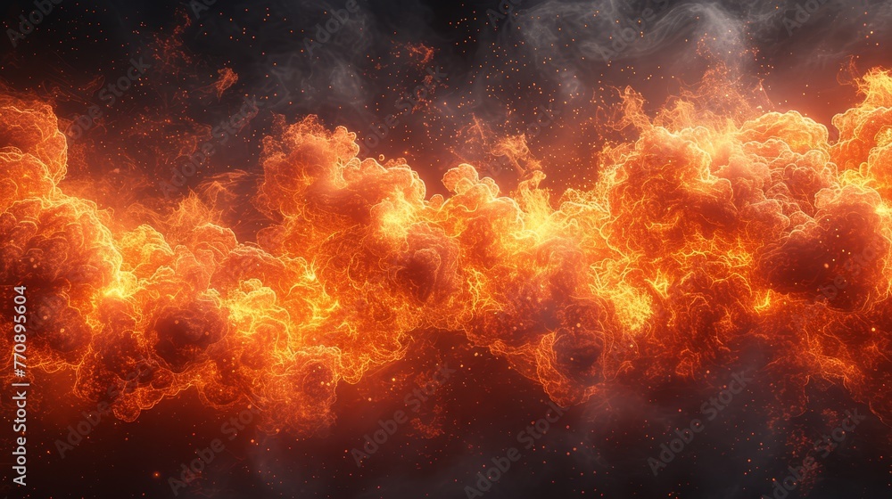 Several orange and yellow clouds emit smoke from their tops in the air Several orange and yellow clouds emit smoke from their tops in the air