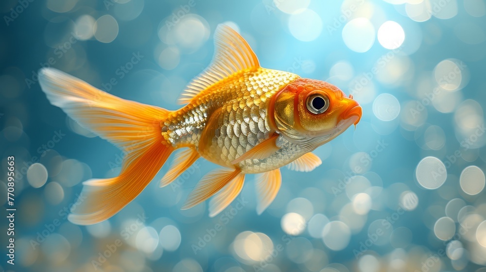 A tight shot of a goldfish against a backdrop of blue and white Background features soft lights in bokeh effect A tight shot of a goldfish against a backdrop of blue and white Background features soft lights in bokeh effect