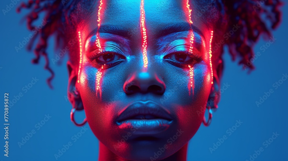  neon lights illuminate, hair in braids framed around