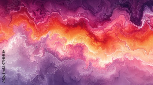  A abstract painting in hues of purple, orange, and pink against a backdrop of purple and pink Intricate white and orange swirls gracefully unfurl throughout