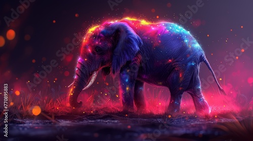  A digital painting of an elephant adorned with bright lights on its body and illuminated tusks