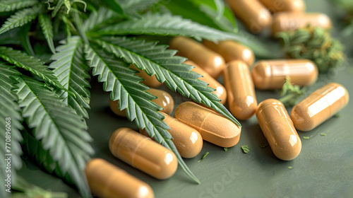  Brown pill capsueles of Cannabinoid THCA on green background. Poster for an article about medical marijuana, the legalization of cannabis