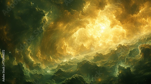   An image of a yellow-orange cloud filled with flame at its core, situated in the center of the sky photo