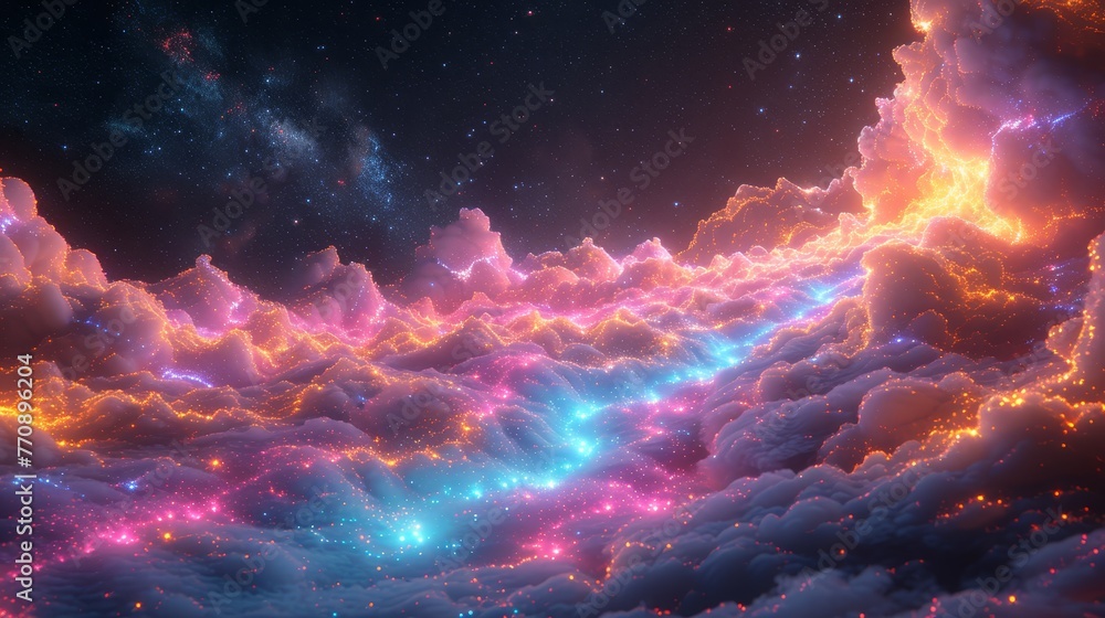 A vibrant sky teeming with numerous clouds, encircled by a midpoint of star-studded expanse A vibrant sky teeming with numerous clouds, encircled by a midpoint of star-studded expanse