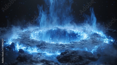  A ring of fire against a black backdrop, surrounded by billowing blue smoke