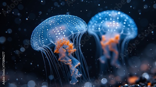  A tight shot of two jellyfish in a water body, with water droplets on its surface