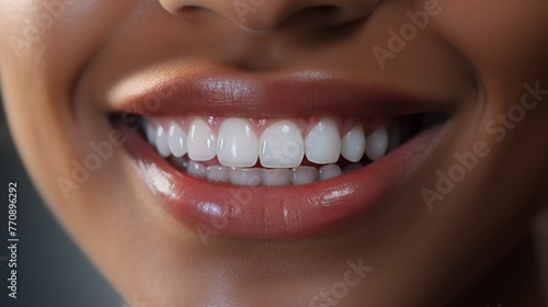 Close-up of a girl s face with a brilliant smile highlighting her white teeth  Concept healthy teeth.