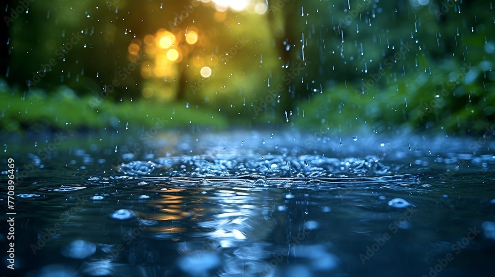   A tight shot of water droplets hovering above a body of water's surface, surrounded by trees and grass in the distance