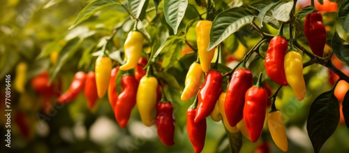 A variety of peppers including Chile de rbol, Malagueta pepper, Italian sweet pepper, and Birds eye chili growing on a plant. These natural foods are essential ingredients in various cuisines photo