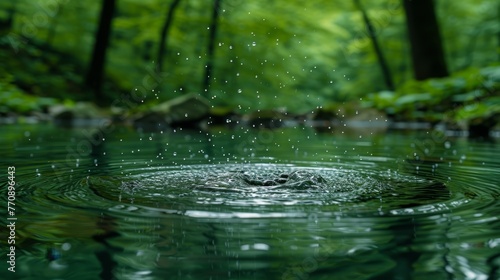  A tight shot of a water drop atop a tranquil pond Surrounding scenery includes trees in the backdrop, while smaller drops pepper the surface
