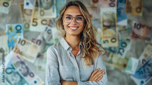 A smiling woman with glasses, arms crossed, with a backdrop of floating euro and dollar bills conveying wealth and success.
