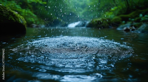  A tight shot of a water droplet hovering above a flowing stream Tree silhouettes loom behind Rain gently patters on the ground