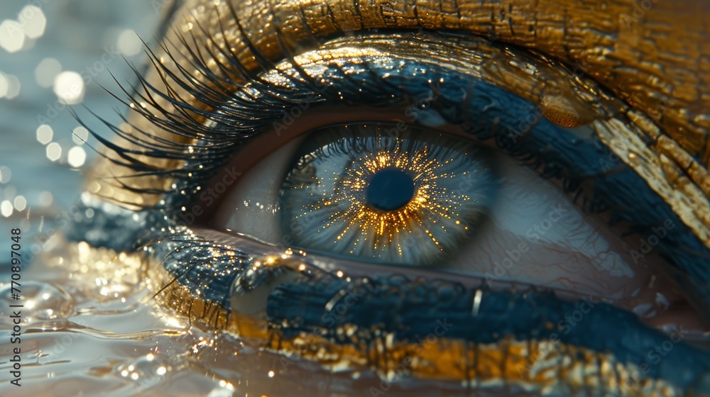   A detailed shot of an eye, its iris sporting intricate golden and blue patterns