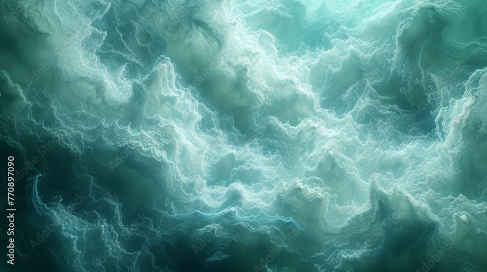 Fototapeta premium A blue and white abstract cloud painting in a sky hue of blue and green, featuring a light green center
