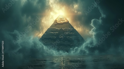  A pyramid emerges from clouds, its peak radiating bright light