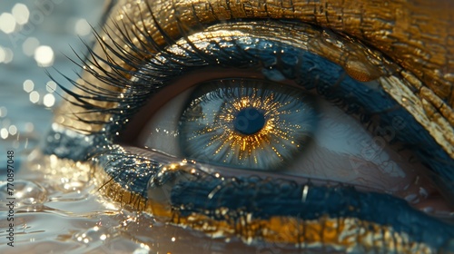  A detailed shot of an eye, its iris sporting intricate golden and blue patterns