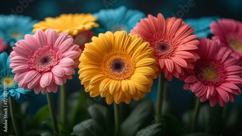  A close-up of several flowers with one flower centrally positioned in the foreground, another in the center of the frame