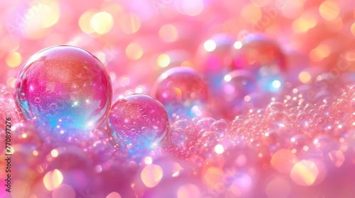  A cluster of radiant balls atop a mound of rosy-pink and baby-blue glittered orbs against a soft pink backdrop