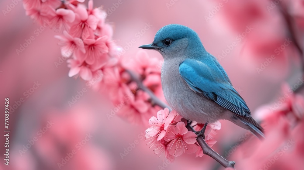   A blue bird perches on a tree branch, surrounded by pink flowers in the foreground Behind, a pink sky extends into the background