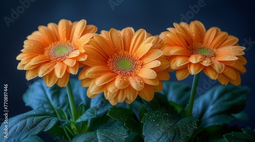   A tight shot of three orange blossoms  adorned with water beads on their petals  and nearby green foliage against a dim backdrop