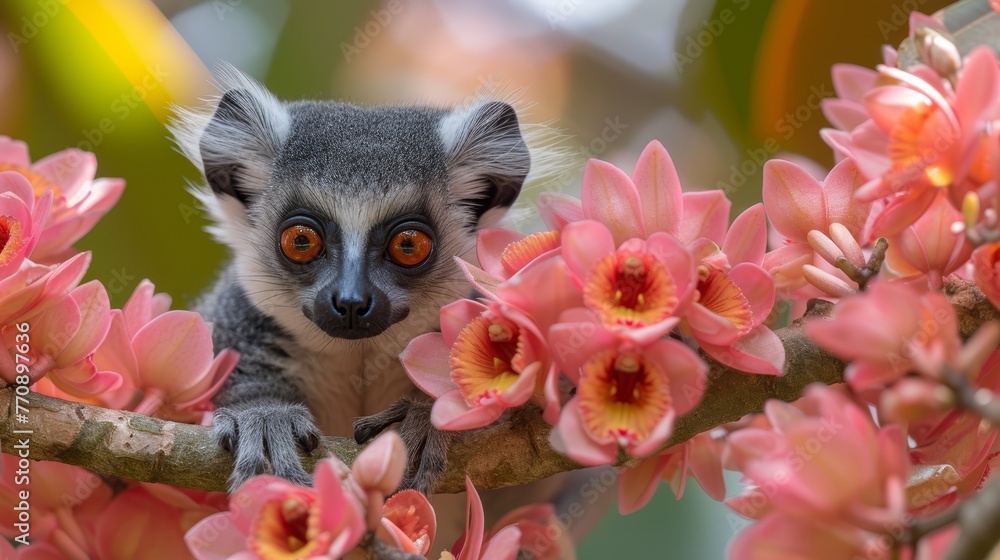 Fototapeta premium A tight shot of a small animal perched on a tree branch, adorned with flowers in the near proximity The backdrop softly blurs