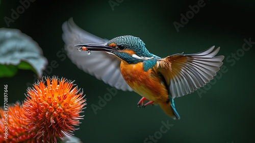   A vibrant bird with an elongated beak flies above a bloom, spreading its wings and pointing its beak skyward © Wall