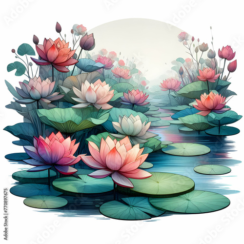 3D flat icon as Serene Blossoms as Watercolor painting of tranquil lotus flowers on a calm pond in watercolor floral theme with isolated white background ,Full depth of field, high quality ,include co