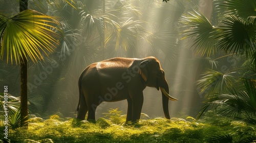   An elephant stands amidst a lush green forest  surrounded by palm trees and tall  leafy ones