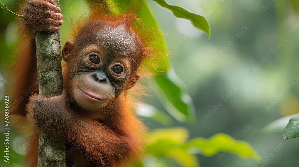 Fototapeta premium A baby orangutan clinging to a tree branch, gaze fixed on the camera as its head tilts over it