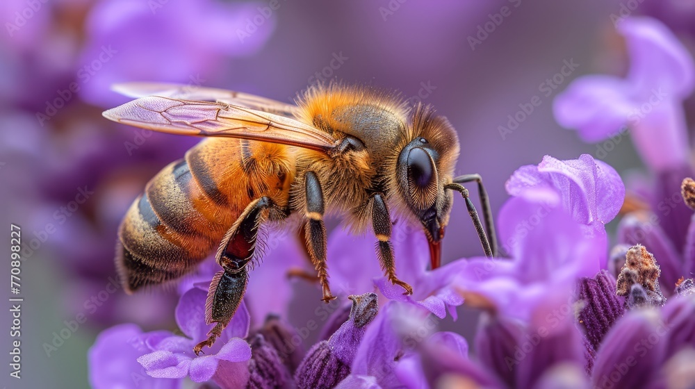 A tight shot of a bee hovering over a purple flower Background softly blurred A tight shot of a bee hovering over a purple flower Background softly blurred