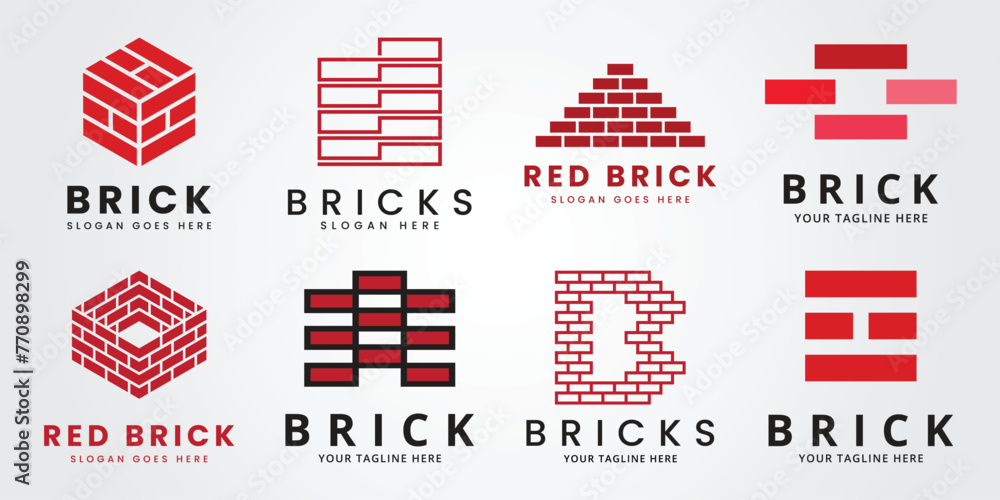 set bundle red brick, pile and stack balance bricks logo vector illustration design template product set bundle red brick, pile and stack balance bricks logo vector illustration design template product