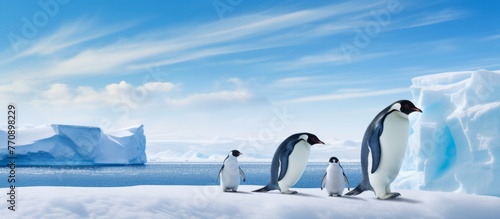 A group of penguins stands on top of a snowcovered iceberg  surrounded by the freezing polar ice cap. The natural landscape blends with the sky and water  creating a picturesque scene