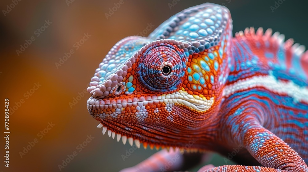Obraz premium A tight shot of a chameleon's vivid head and tail, backed by a blurred background