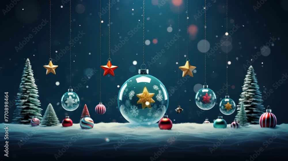 Naklejka premium A snowy holiday scene with a collection of Christmas baubles and trees, reflecting the serene atmosphere of Christmas.