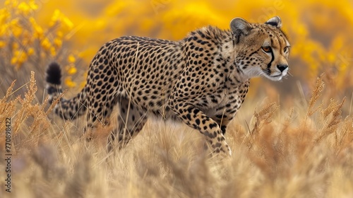   A cheetah traverses tall, dry grass toward a sunlit expanse of yellow wildflowers