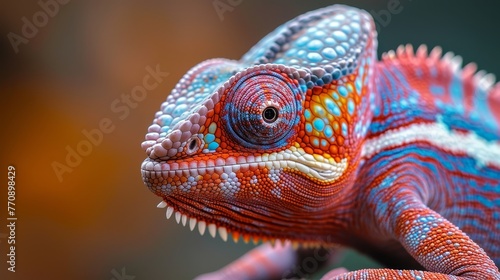   A tight shot of a chameleon s vivid head and tail  backed by a blurred background