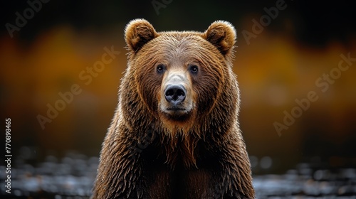  A brown bear's face, tightly framed, surrounded by a softly blurred foreground of water and rocks