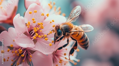   A bee atop a pink bloom, beside a green-and-white plant with yellow stamens photo