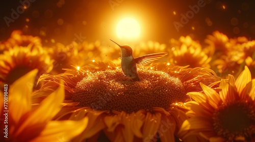  A hummingbird rests atop a sunflower amidst a sun-kissed expanse of sunflower field